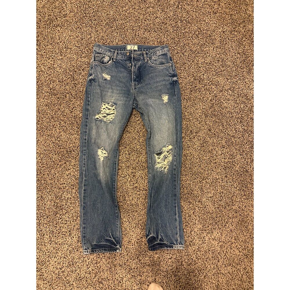 We The Free Free People Distressed Straight Leg Jeans Blue Denim 27